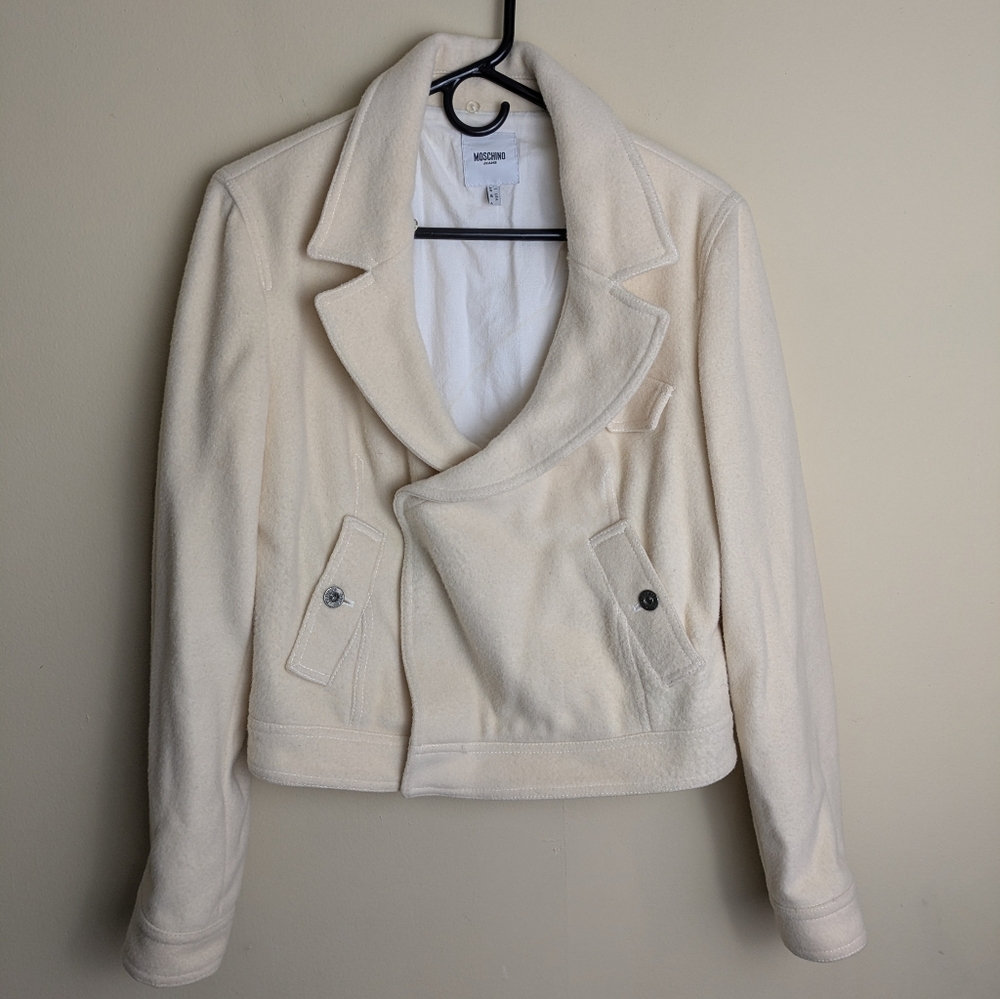 Moschino cream wool cropped moto jacket coat